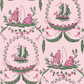 Fishing Boat Sailing Toile in Pink and Green