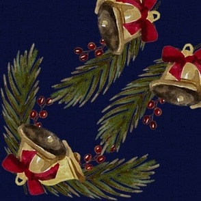 Vintage Christmas - Bells and Pines - Dark Blue Background- Large Size