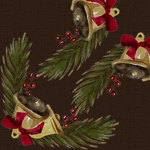 Vintage Christmas - Bells and Pines - Dark Brown Background- Large Size