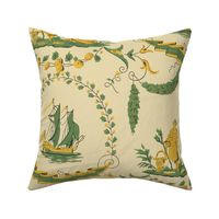 Fishing Boat Sailing Toile in Gold and Green