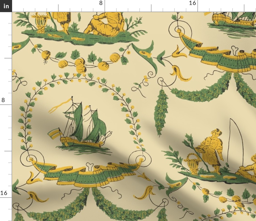 Fishing Boat Sailing Toile in Gold and Green