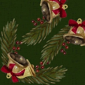 Vintage Christmas - Bells and Pines - Dark Green Background- Large Size