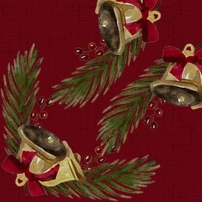 Vintage Christmas - Bells and Pines - Dark Red Background- Large Size