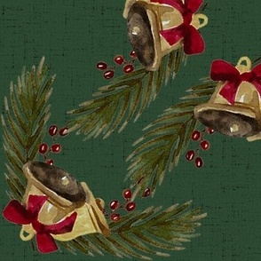 Vintage Christmas - Bells and Pines - Green Background- Large Size