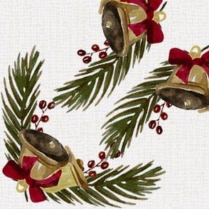 Vintage Christmas - Bells and Pines - Ivory Background- Large Size