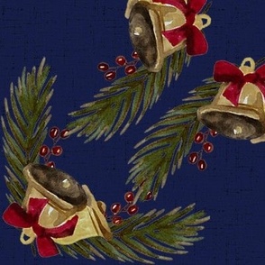 Vintage Christmas - Bells and Pines - Navy Background- Large Size