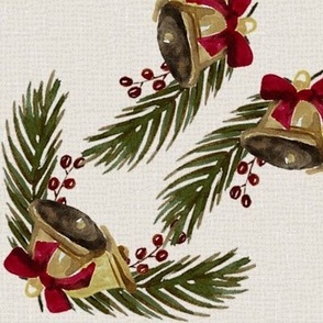 Vintage Christmas - Bells and Pines - Offwhite Background- Large Size