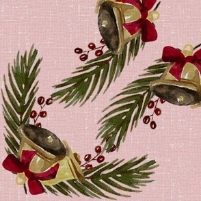 Vintage Christmas - Bells and Pines - Old Pink Background- Large Size