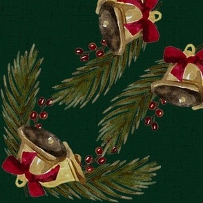 Vintage Christmas - Bells and Pines - Ponderosa Pine Green Background- Large Size