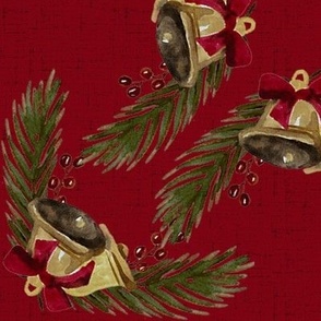 Vintage Christmas - Bells and Pines - True Red Background - Large Size