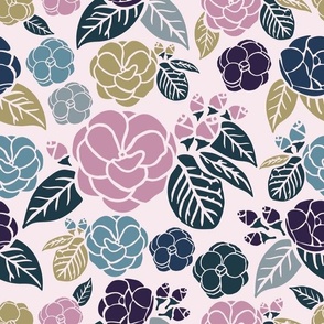 Stylized Block print Camelias - Boho Floral - Solid Colors Flowers and Foliage - Navy, Purple, Pink - Light Pink Background - Medium Scale