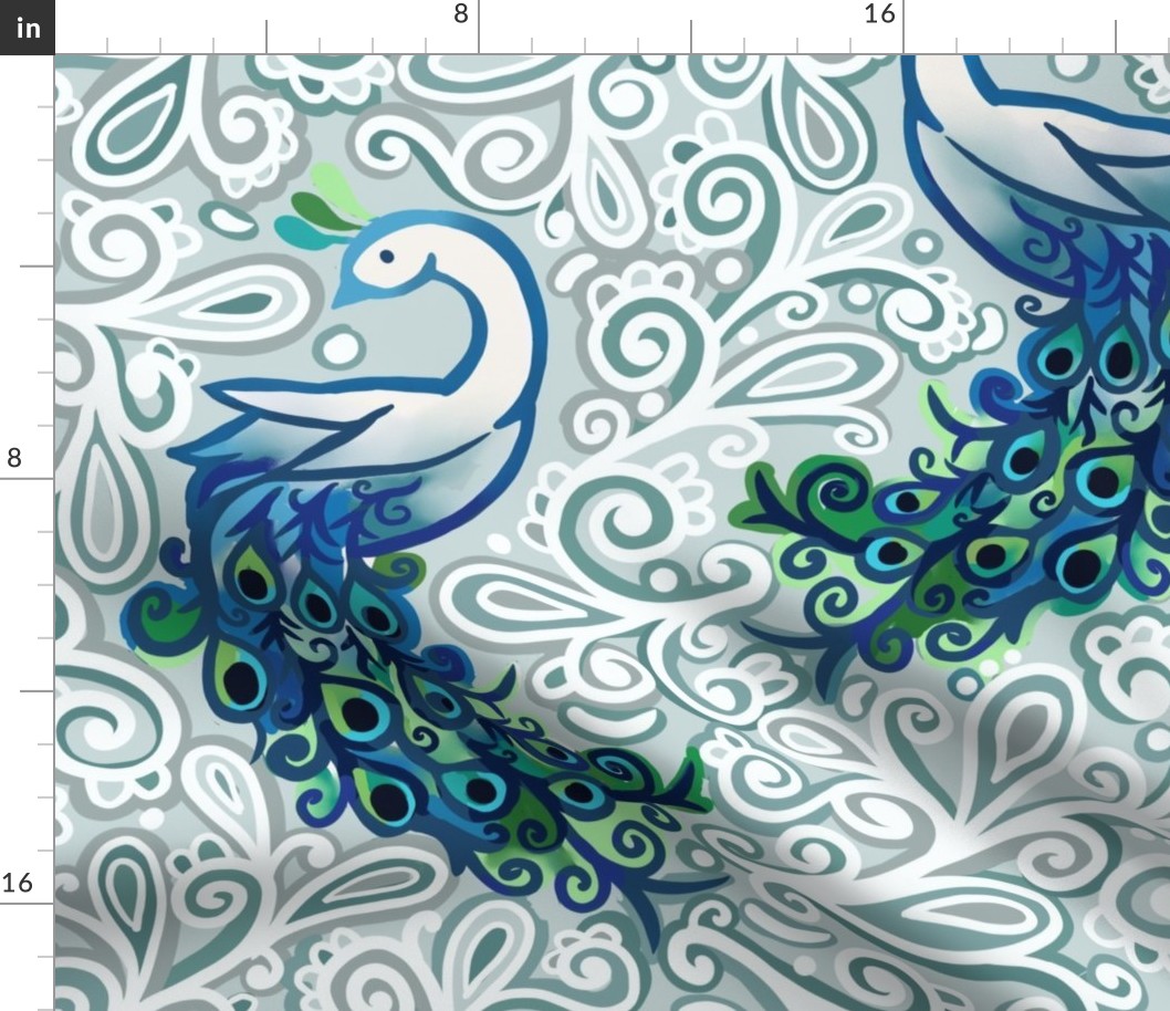 Peacock swirls light wallpaper scale