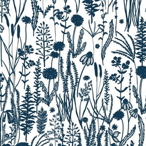 large - Dandelions and wild grasses meadow - prussian blue on white