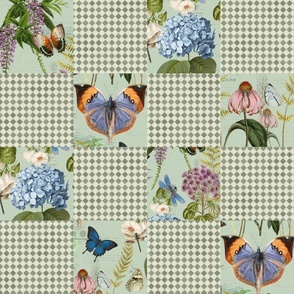 24" Cheater quilt Vintage Botanical Butterfly Floral in Sage by Audrey Jeanne