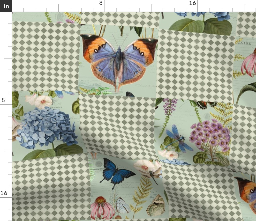 24" Cheater quilt Vintage Botanical Butterfly Floral in Sage by Audrey Jeanne