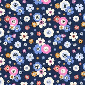 Flower Blooms - Multi Color on Blue Sm.