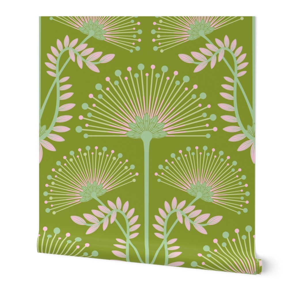 MIMOSA Deco Floral - Pink Green Chartreuse on Spring Green - LARGE Scale - UnBlink Studio by Jackie Tahara