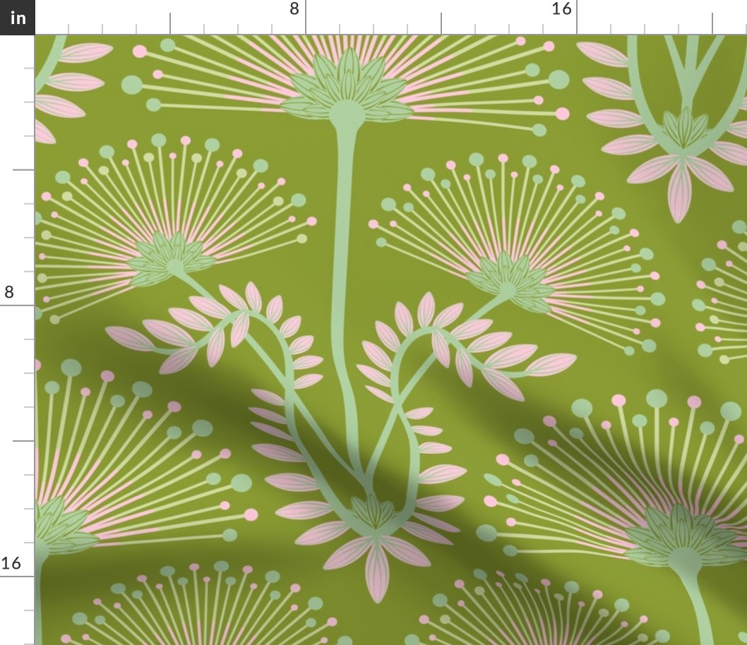 MIMOSA Deco Floral - Pink Green Chartreuse on Spring Green - LARGE Scale - UnBlink Studio by Jackie Tahara