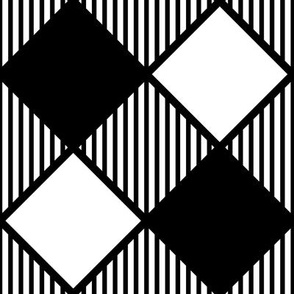 Diagonal Checks with Stripes in Black on White - Medium