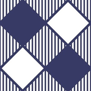 Diagonal Checks with Stripes in Navy Blue on White - Medium