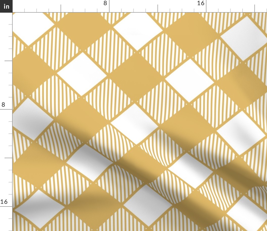 Diagonal Checks with Stripes in Gold on White - Medium
