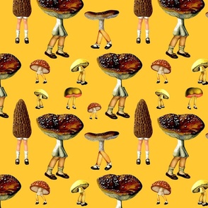 Vintage Mushrooms with Legs on Mustard Yellow