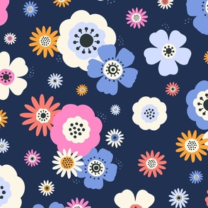 Flower Blooms - Multi Color on Blue Lg.