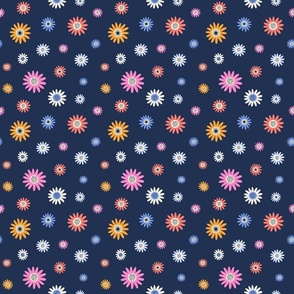 Dainty Daisy Flowers - Multicolor on Blue Sm.