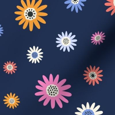 Dainty Daisy Flowers - Multicolor on Blue Lg.
