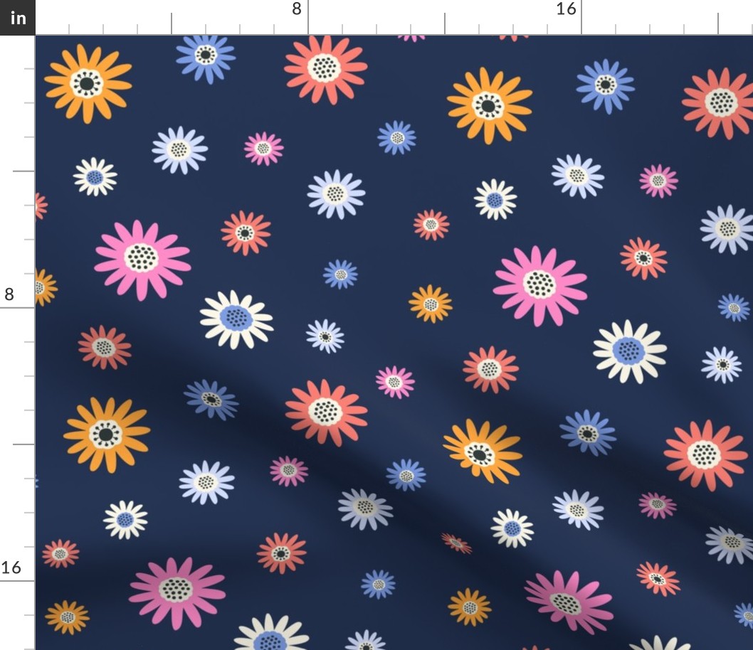 Dainty Daisy Flowers - Multicolor on Blue Lg.