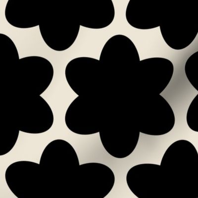 Black and White Geometric Floral- Scandinavian Flowers- Polka Dots- Bold Minimalism- Retro- Vintage- Black Flowers on Ivory Background- Extra Large