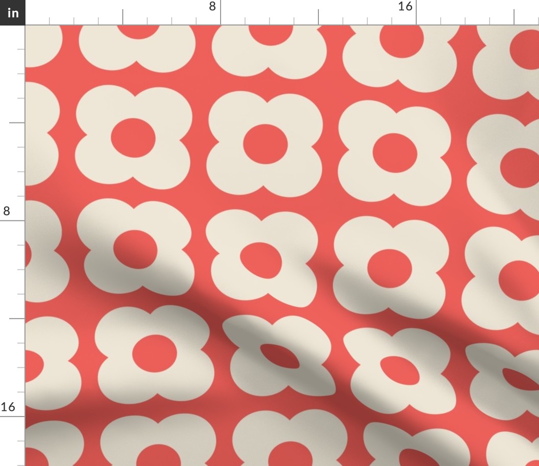 Coral and White Geometric Floral- Scandinavian Flowers- Polka Dots- Bold Minimalism- Retro- Vintage- Ivory Flowers on Coral Background- Extra Large