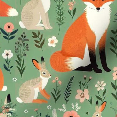 Foxes And Hare On Spring Green
