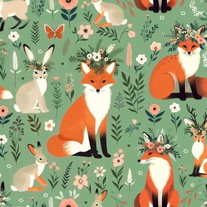 Foxes And Hare On Spring Green