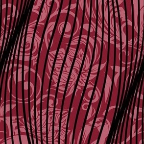 Art Deco Waves Over Floral Toile in Black on Burgundy - Coordinate