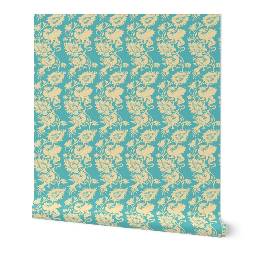 Medieval Damask with Bird and Knot-Tailed Dragon, palest goldenrod on turquoise 4W