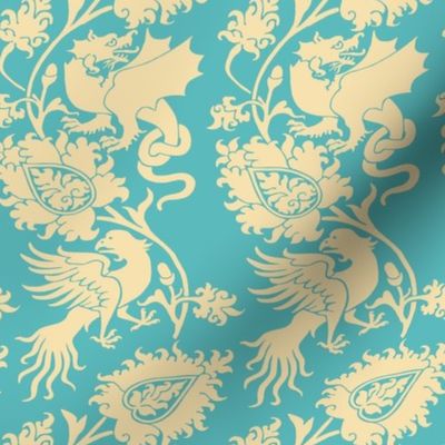 Medieval Damask with Bird and Knot-Tailed Dragon, palest goldenrod on turquoise 4W