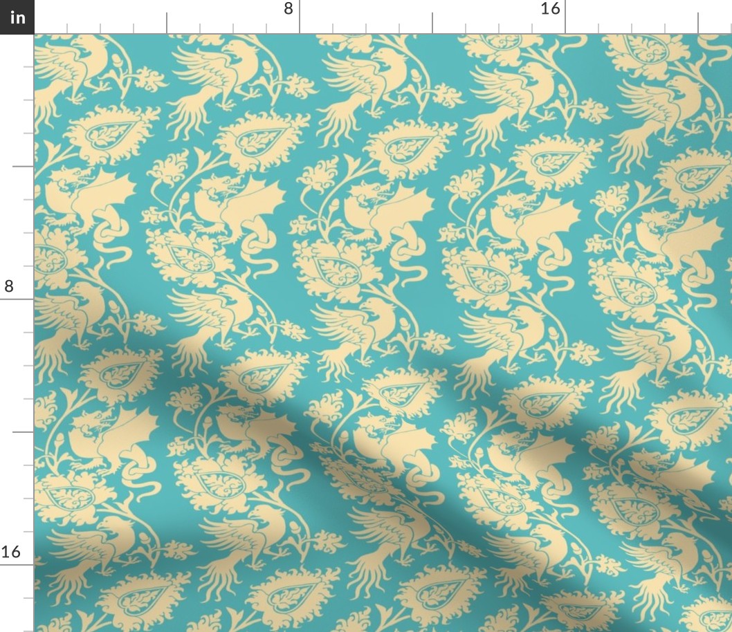 Medieval Damask with Bird and Knot-Tailed Dragon, palest goldenrod on turquoise 4W