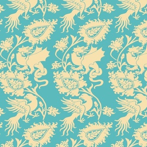 Medieval Damask with Bird and Knot-Tailed Dragon, palest goldenrod on turquoise