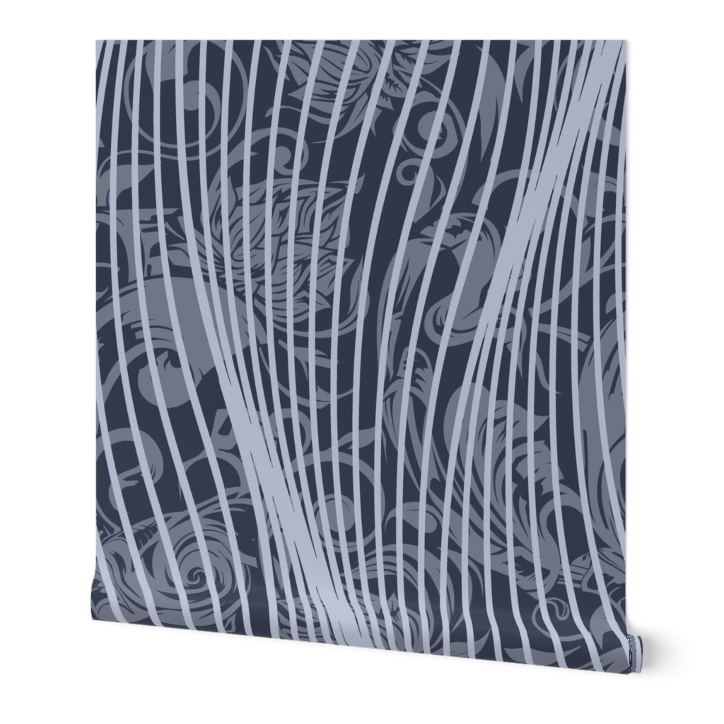 Art Deco Waves Over Floral Toile in Prussian Blue - Coordinate