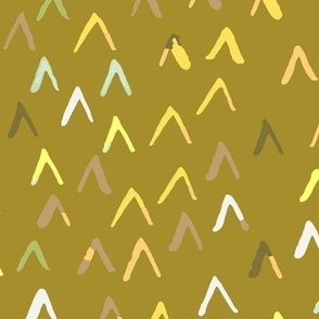 580 - Large scale golden oche yellow, pale green and tobacco organic V shape watercolour mountains and valleys abstract for kids apparel,  wallpaper,  duvet covers,  table cloths,  patchwork and quilting