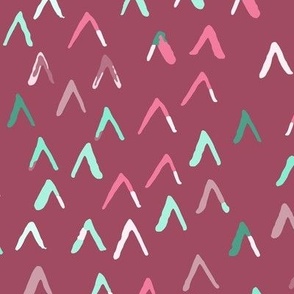 580a - Large scale dusty rose pinks and cool teal greens organic V shape watercolour mountains and valleys abstract for kids apparel,  wallpaper,  duvet covers,  table cloths,  patchwork and quilting