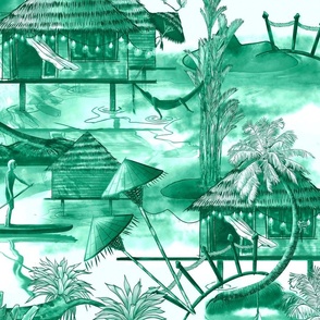 Tropical Beach Chinoiserie Toile, Green and White Traditional Classic, Watercolor, Pen and Ink,  Palm Tree, Bungalow, Hammock, Paddle Board, Bastimentos, Bocas Del Toro, Panamá