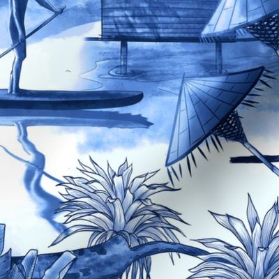 Tropical Beach Chinoiserie Toile, Cobalt Blue and White, Saturated Indigo Traditional Classic, Watercolor, Pen and Ink,  Palm Tree, Bungalow, Hammock, Paddle Board, Bastimentos, Bocas Del Toro, Panamá