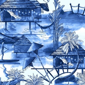 Tropical Beach Chinoiserie Toile, Cobalt Blue and White, Saturated Indigo Traditional Classic, Watercolor, Pen and Ink,  Palm Tree, Bungalow, Hammock, Paddle Board, Bastimentos, Bocas Del Toro, Panamá