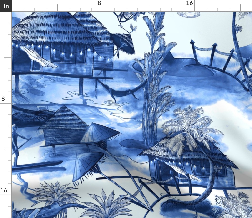 Tropical Beach Chinoiserie Toile, Cobalt Blue and White, Saturated Indigo Traditional Classic, Watercolor, Pen and Ink,  Palm Tree, Bungalow, Hammock, Paddle Board, Bastimentos, Bocas Del Toro, Panamá