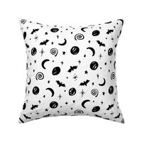 Black and White Halloween Magic Sky Planets Stars Bats Moons by Jac Slade