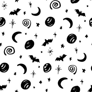 Black and White Halloween Magic Sky Planets Stars Bats Moons by Jac Slade