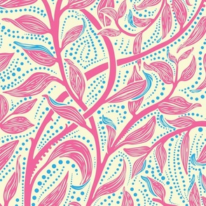 Trailing  Leaves, Bright Pink & Cream, Large Scale, Arts and Crafts, William Morris inspired, Hot Pink Bright Blue Leaves, Vines, Dot details, Off-White Background, Neutral Background 