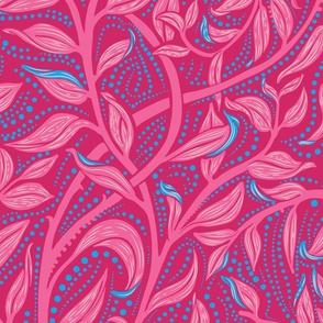 Trailing  Leaves, Bright Pink & Cream, Large Scale, Arts and Crafts, William Morris inspired, Hot Pink Bright Pink Leaves, Vines, Dot details, Fuschia Pink Background